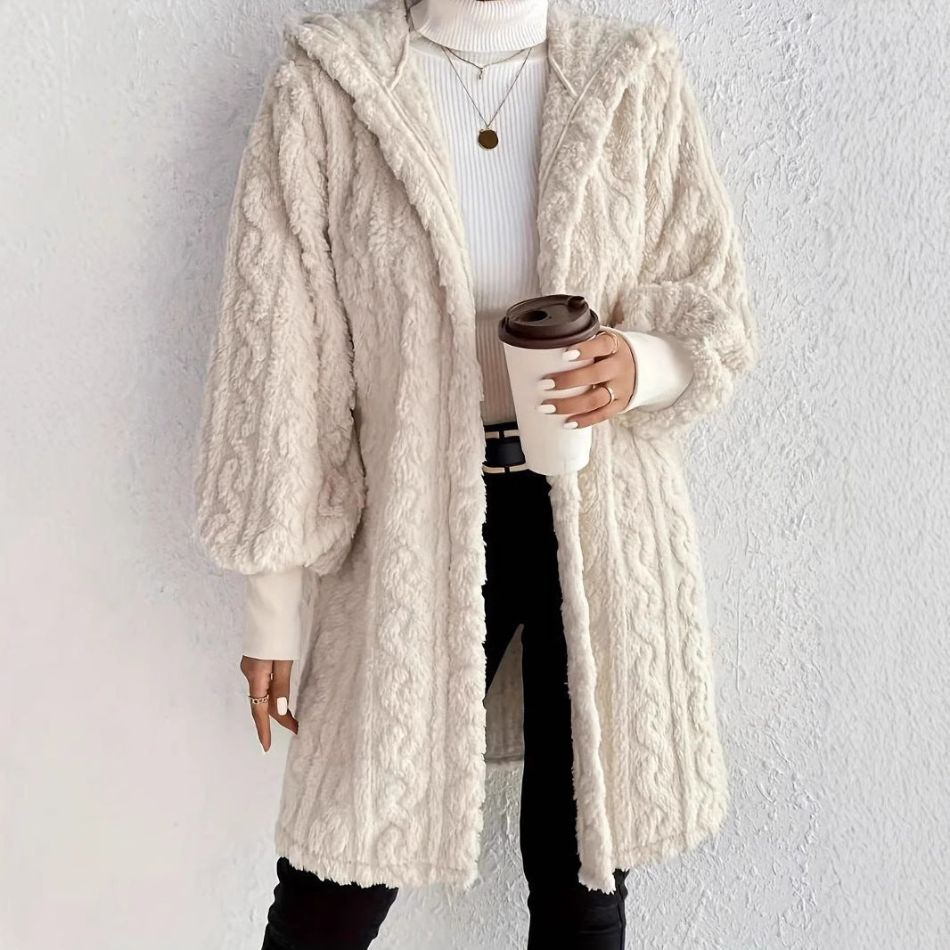 Damen Flauschige Oversized-Strickjacke mit Kapuze und Eingrifftaschen R&B