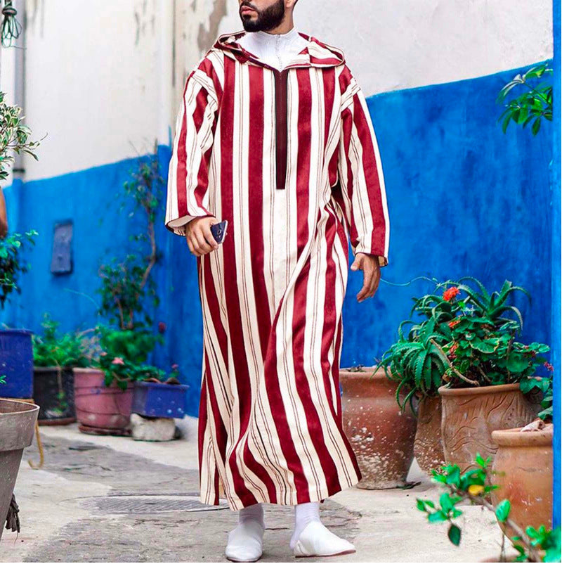 Damen nan langes Kapuzen-Hemdkleid mit frontalem Reißverschluss und senkrechtem Streifenmuster R&B