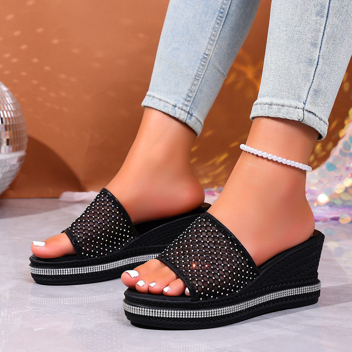 Damen modische Plateau Sandalen mit Netzdesign und Glitzerakzenten R&B
