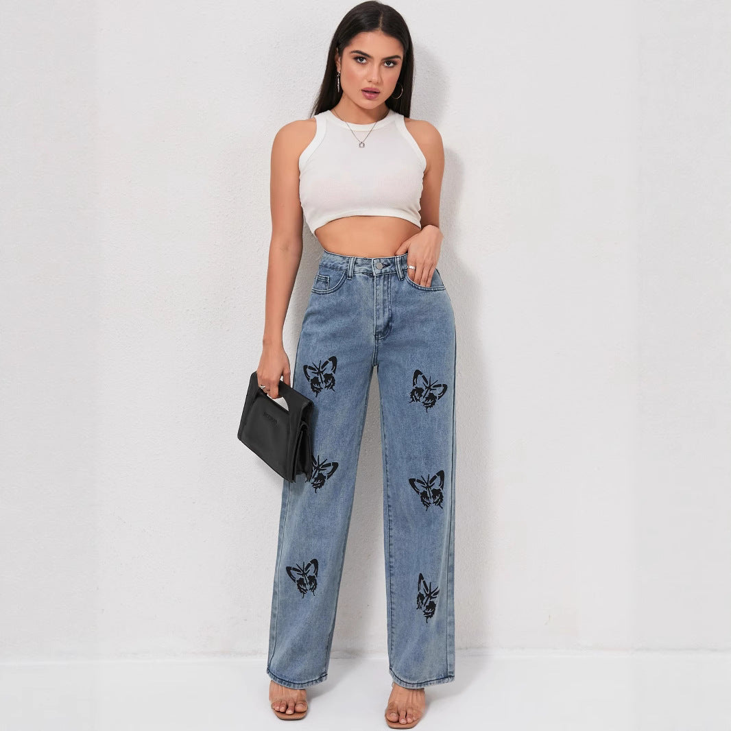 Damen Weite Jeans mit auffälligen Schmetterlings-Prints R&B