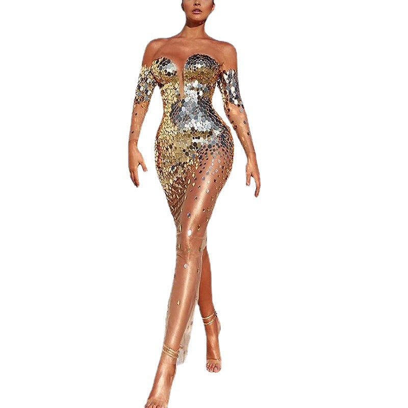 Damen Glitzerndes Abendkleid mit transparenten Ärmeln R&B