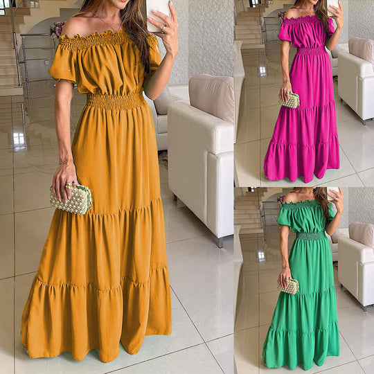 Damen Off-Shoulder Maxikleid mit elastischem Bund und Rüschendetails R&B