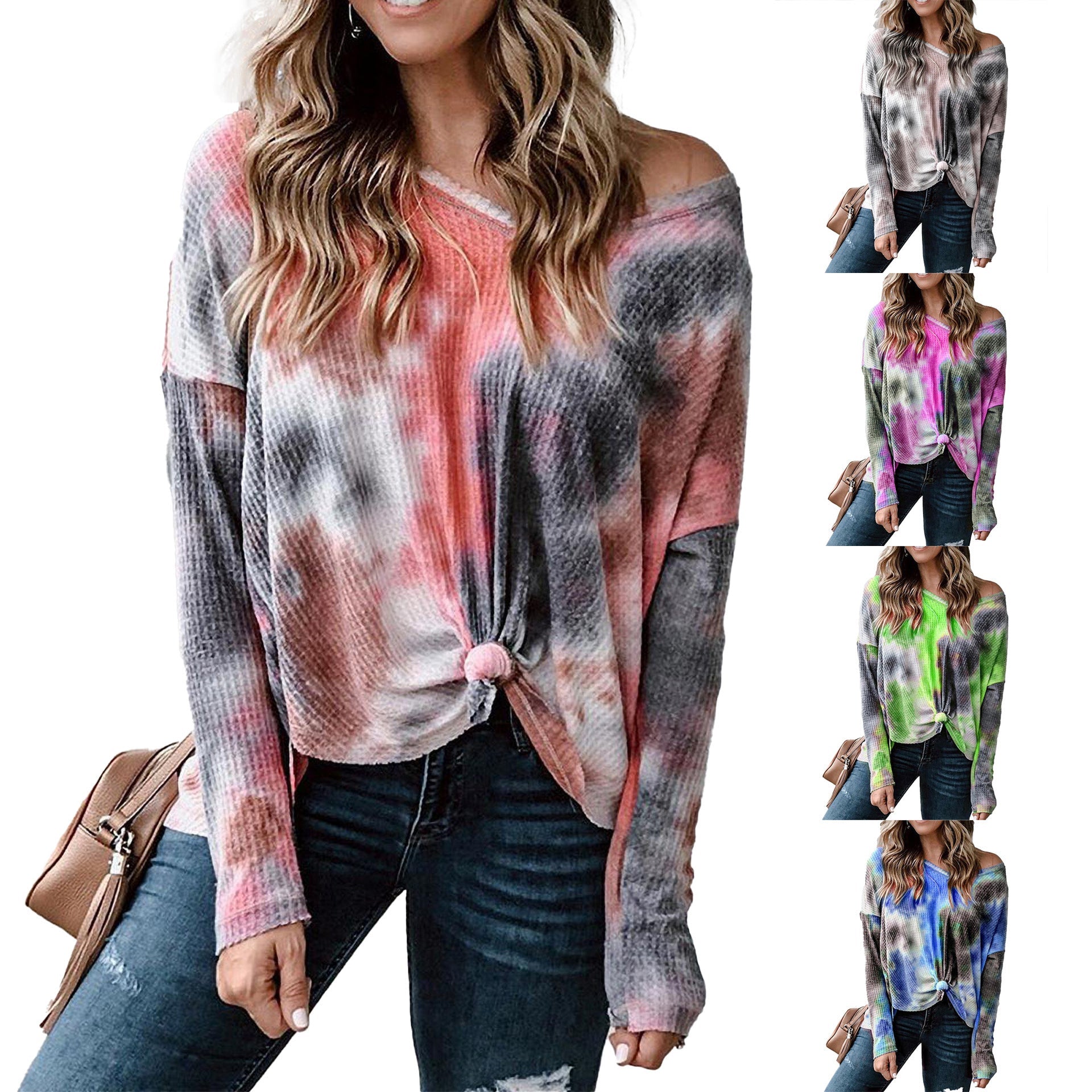 Damen lässiges Oversized Oberteil mit Spitzenhemd Detail und modischem Knoten R&B