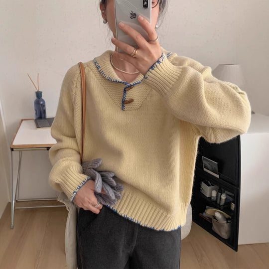 Damen lässiger Strickpullover mit einzigartigem Knopfdesign und Kontrastdetails R&B