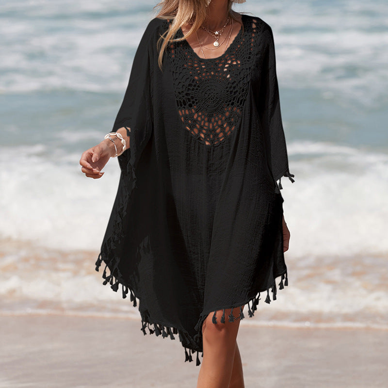 Damen Häkel-Strandüberwurf mit fransigem Saum und elegantem Lochmuster R&B