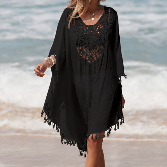 Damen Häkel-Strandüberwurf mit fransigem Saum und elegantem Lochmuster R&B