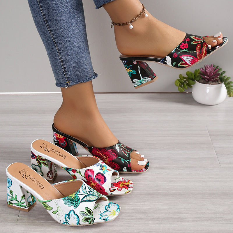 Damen Designermules mit floralem Musterdruck und Blockabsatz R&B