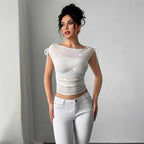 Damen nan transparentes Netz-Oberteil mit funkelnden Glitzersteinen, Schulterknoten und Taillenraffung R&B