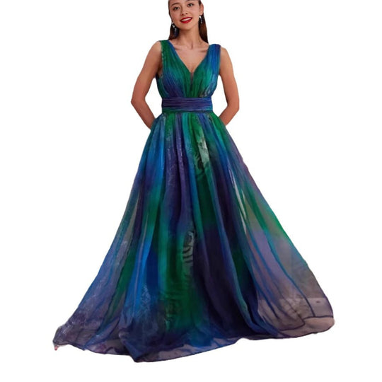 Damen Elegantes Abendkleid mit schimmernden Tüll-Lagen und tiefem V-Ausschnitt R&B