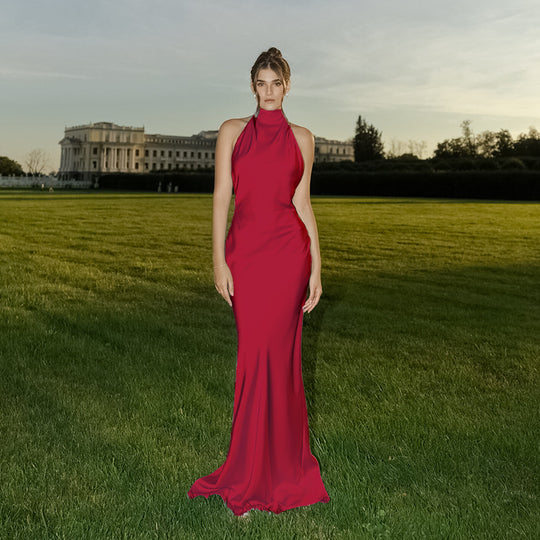 Damen elegantes Maxikleid mit hohem Kragen und figurbetontem Schnitt R&B