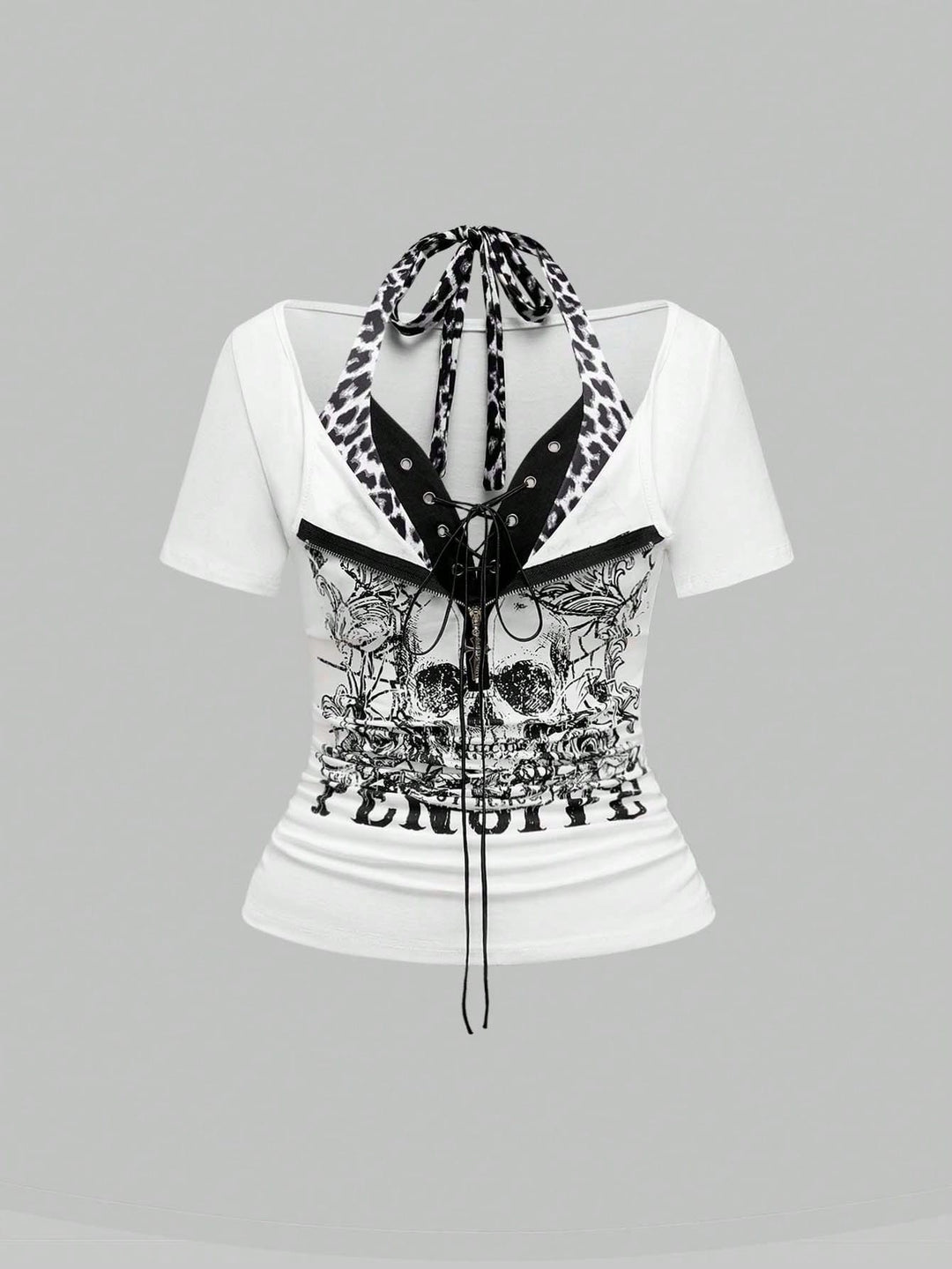 Damen Trendy Crop-Top mit einzigartigem Grafikdruck und Schnürdetails R&B