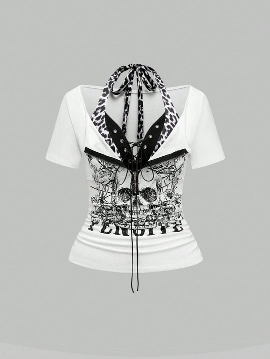 Damen Trendy Crop-Top mit einzigartigem Grafikdruck und Schnürdetails R&B