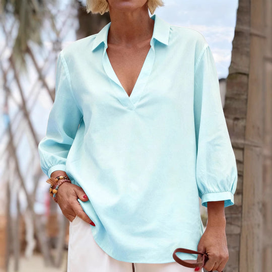 Damen Bluse mit lässigem V-Ausschnitt und elastischen Ärmeln R&B