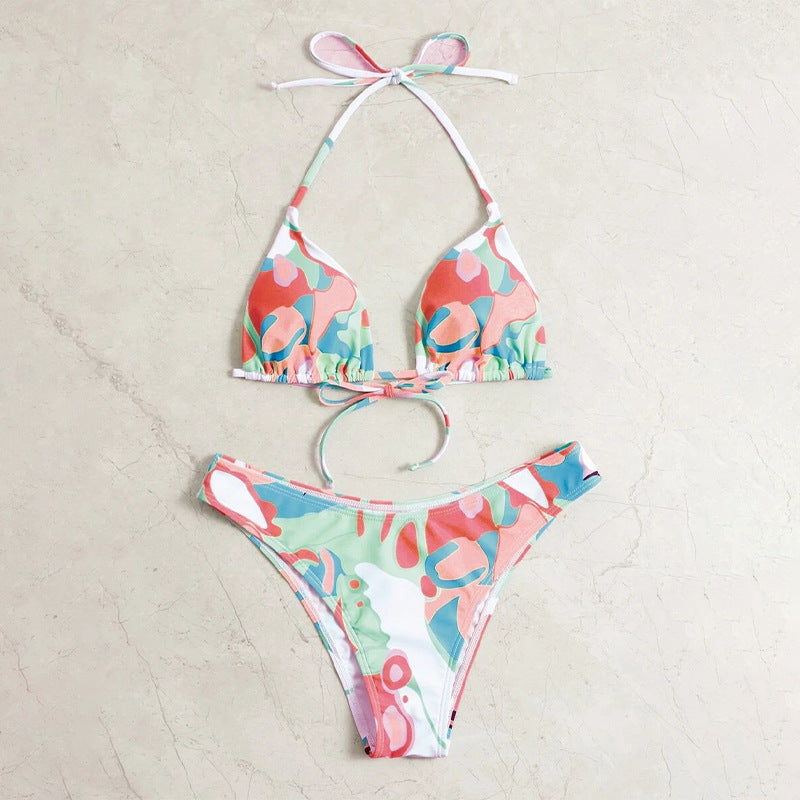Damen Triangel-Bikini mit verspieltem Muster und verstellbaren Trägern