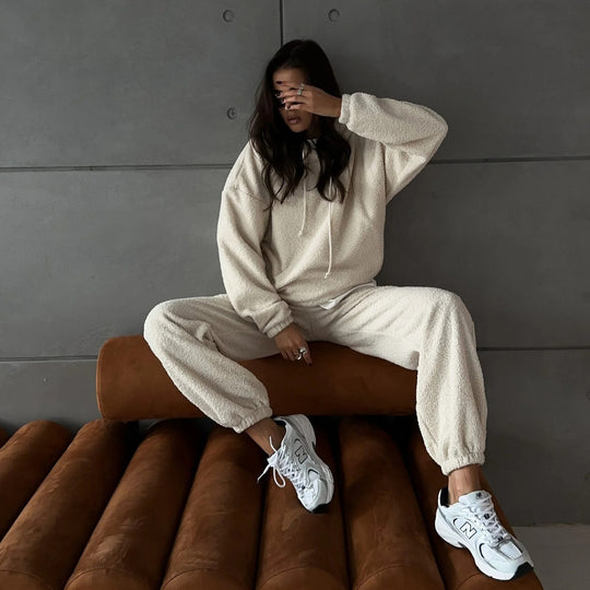 Damen Fleece-Loungewear-Set mit hohem Kragen und lässigem Schnitt R&B