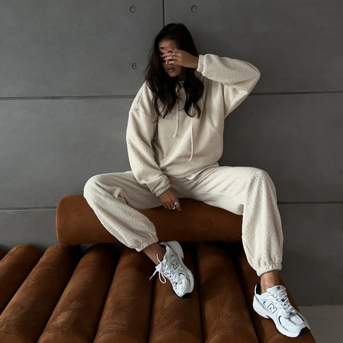 Damen Fleece-Loungewear-Set mit hohem Kragen und lässigem Schnitt R&B