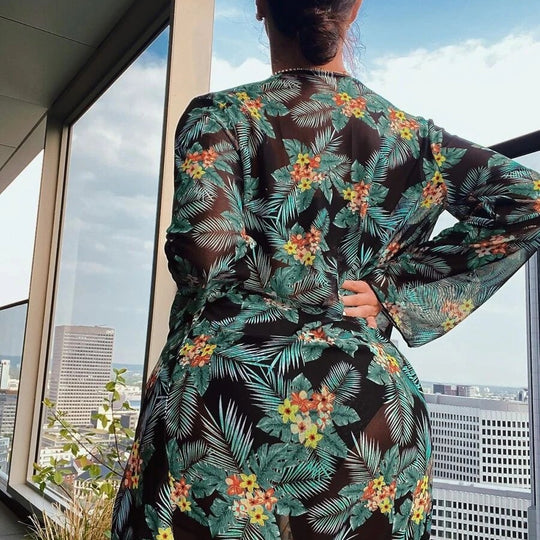 Damen Bikini-Set mit hochgeschnittenem Höschen und floralem Kimono R&B