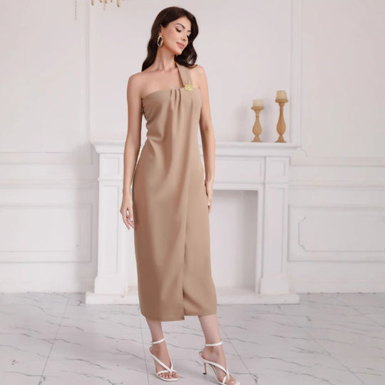 Damen elegantes schulterfreies Maxikleid mit Dekorativem Detail R&B