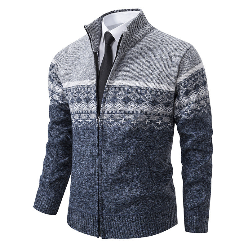 Herren Strickjacke mit Stehkragen und Norweger-Muster R&B