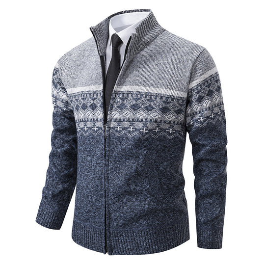 Herren Strickjacke mit Stehkragen und Norweger-Muster R&B