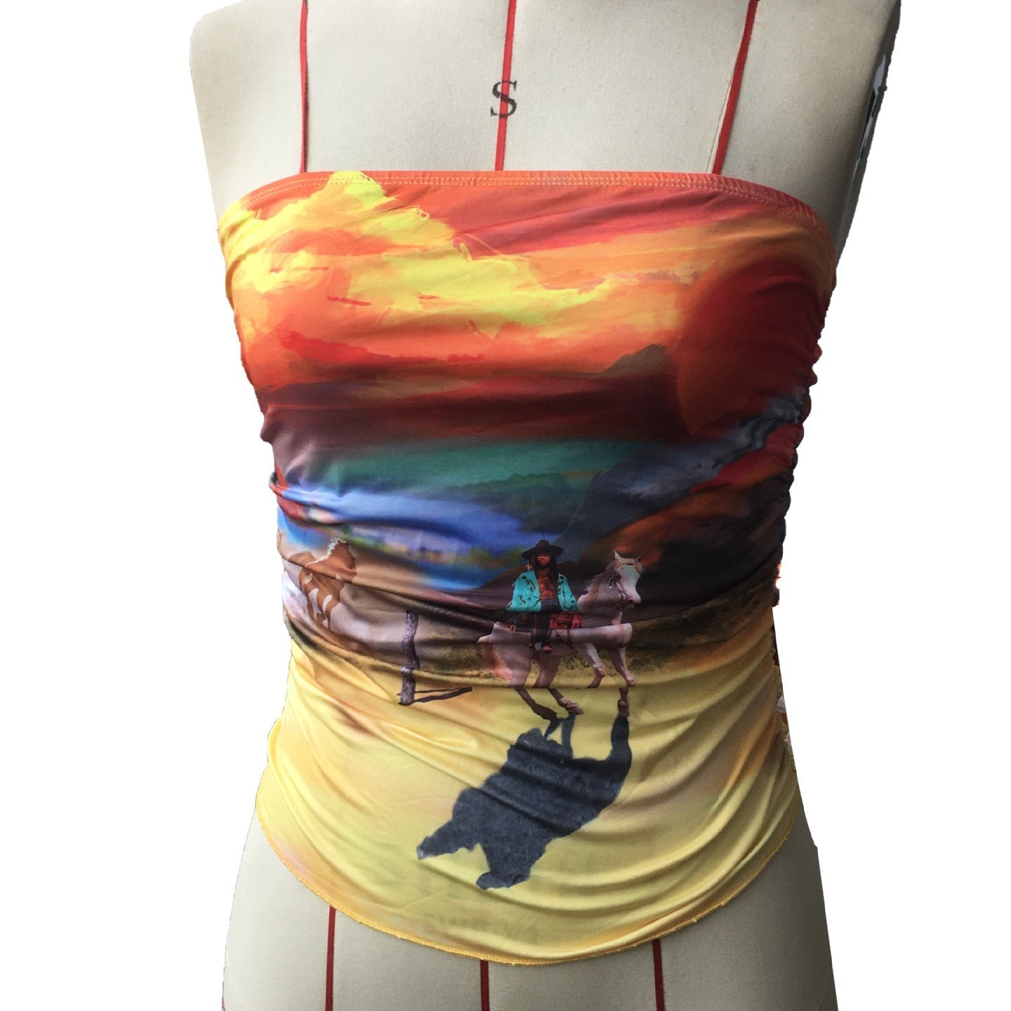 Damen Bandeau-Oberteil mit buntem, künstlerischem Druck und elastischem Material R&B