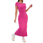 Damen figurbetontes Maxikleid mit seitlichem Schlitz und modernen Kurzärmeln R&B