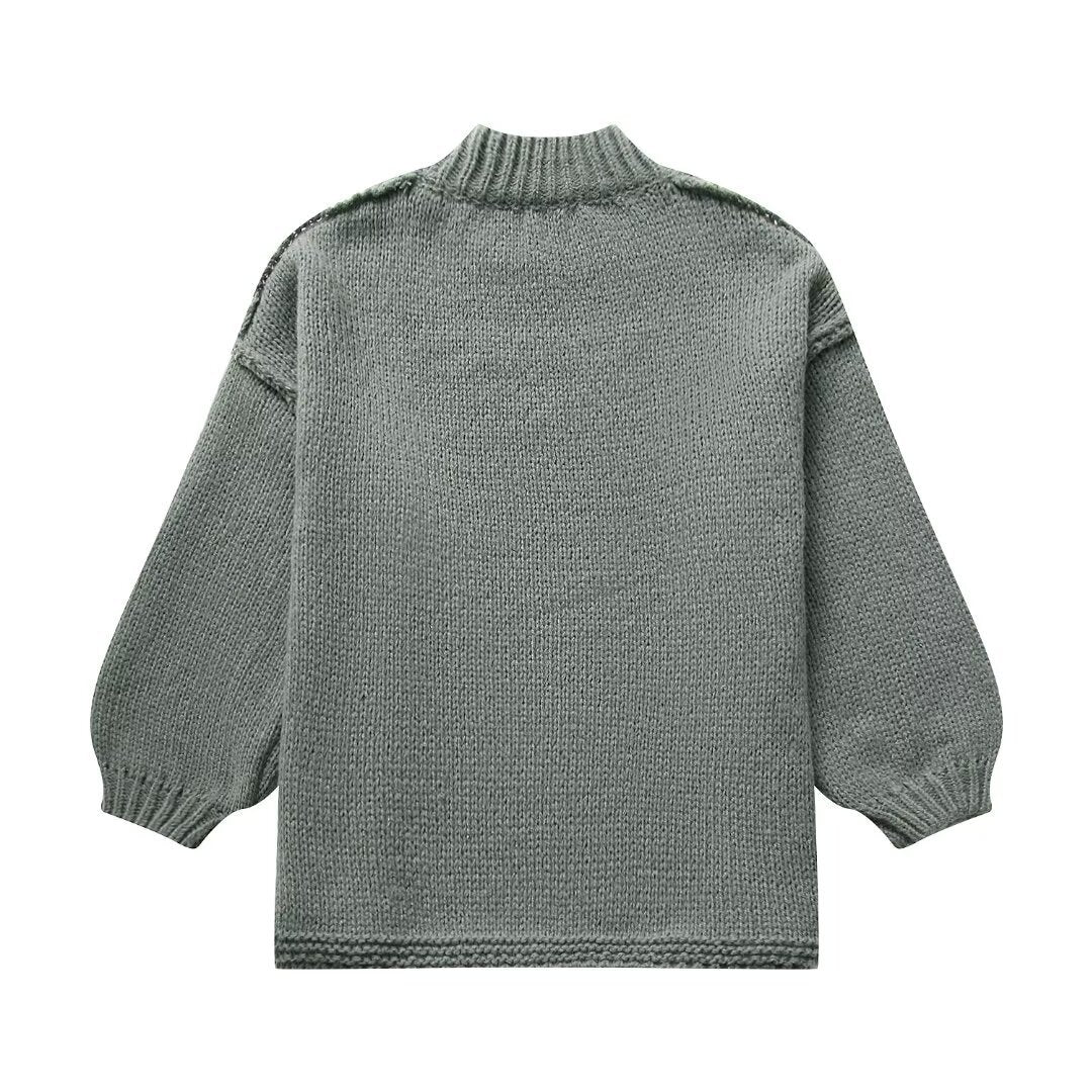 Damen lockerer Strickpullover mit hohem Kragen und überschnittenen Schultern R&B
