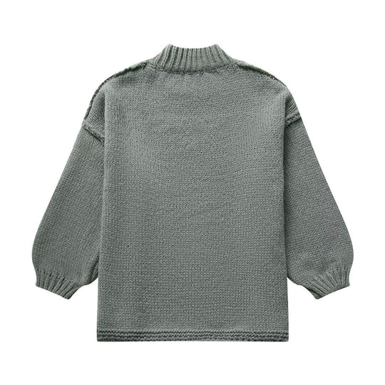 Damen lockerer Strickpullover mit hohem Kragen und überschnittenen Schultern R&B