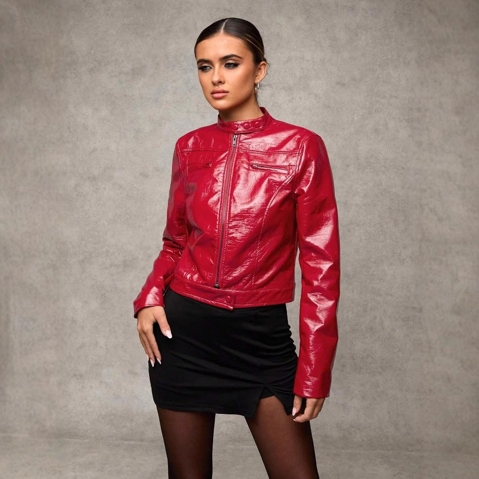 Damen Kurze Kunstlederjacke mit asymmetrischem Schnitt R&B