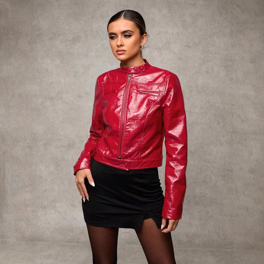 Damen Kurze Kunstlederjacke mit asymmetrischem Schnitt R&B