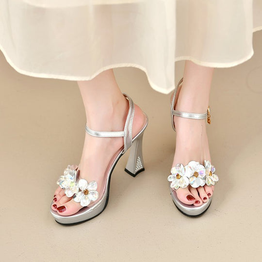 Damen elegante High Heel Sandalen mit blumigen Strassverzierungen R&B