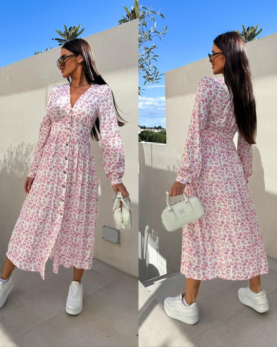 Damen Maxi-Kleid mit floralen Musterdetails und elegantem V-Ausschnitt R&B
