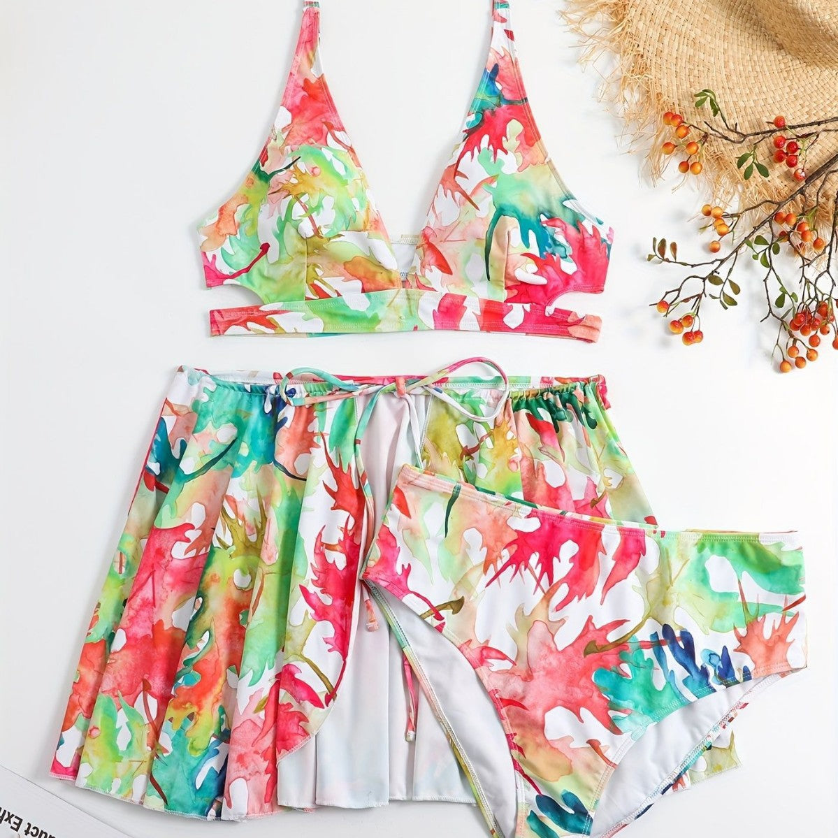 Damen Bikini-Set mit fließendem Rock und verspieltem Print R&B