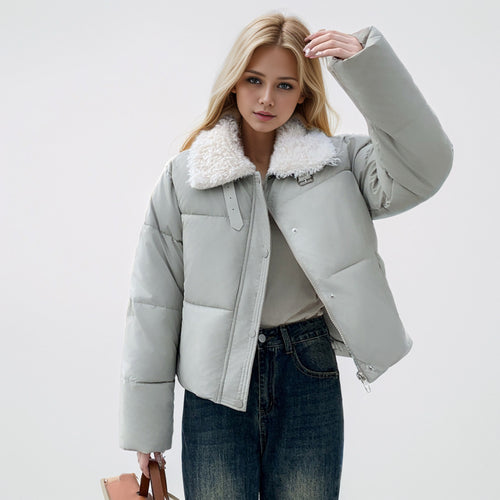 Damen kurze, gefütterte Winterjacke mit elegantem Kunstfellkragen R&B
