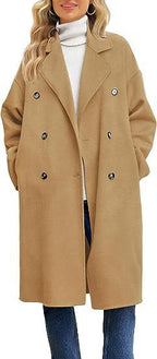 Damen eleganter und lässiger Wollmantel mit doppelter Knopfleiste