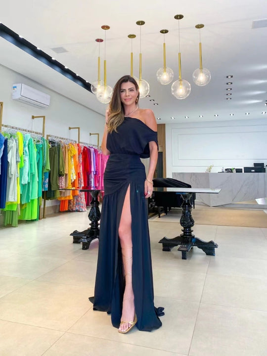 Damen Elegantes Kleid mit Off-Shoulder-Ausschnitt und hohem Schlitz R&B