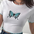 Damen Crop-Top mit kreativem Schmetterlingsdruck und gewelltem Saum R&B