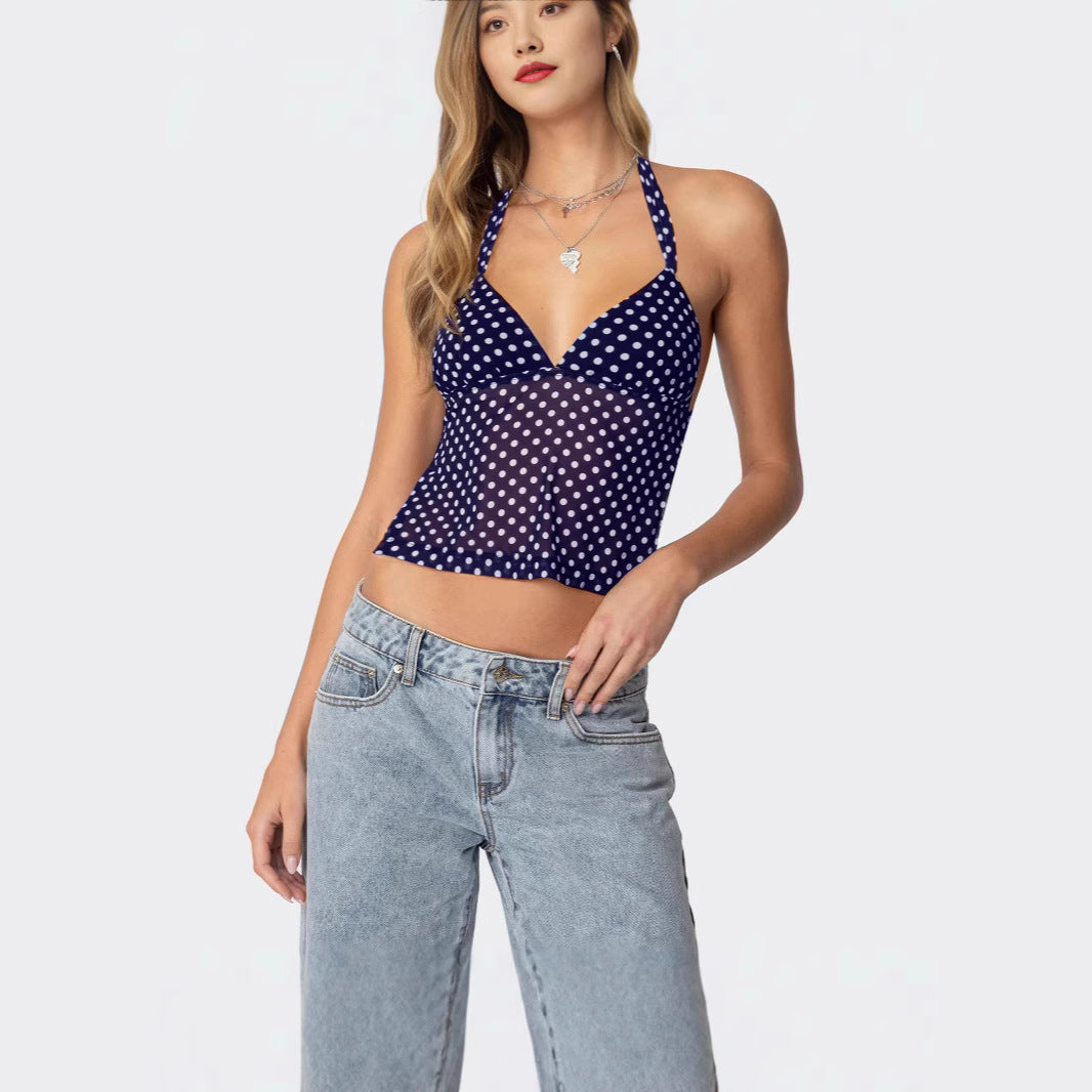Damen luftiges Polka-Dots Oberteil mit tiefem V-Ausschnitt und Trägern R&B