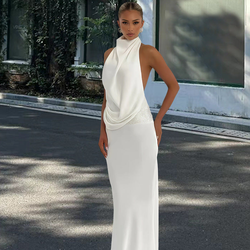 Damen elegantes Abendkleid mit tiefem Wasserfall-Ausschnitt und innovativer Drapierung EB