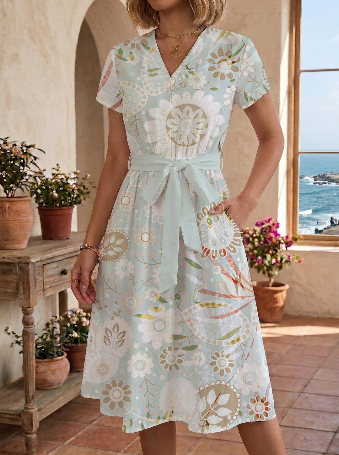 Damen Midikleid mit floralem Motiv und Taillengürtel R&B