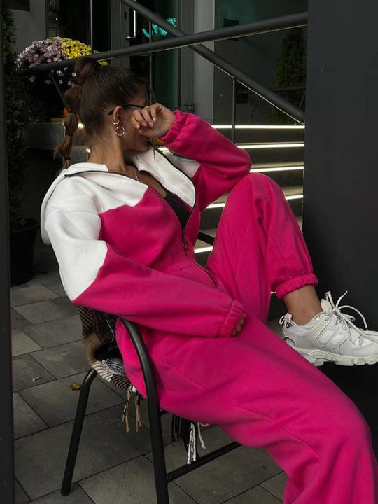 Damen Sportliche Fleecejacke und Hose Set mit Kontrastbesätzen R&B