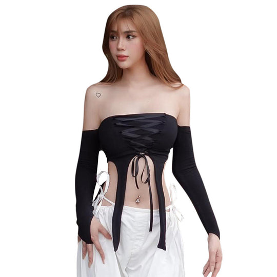 Damen elastisches Off-Shoulder Top mit aufwendiger Schnürung R&B