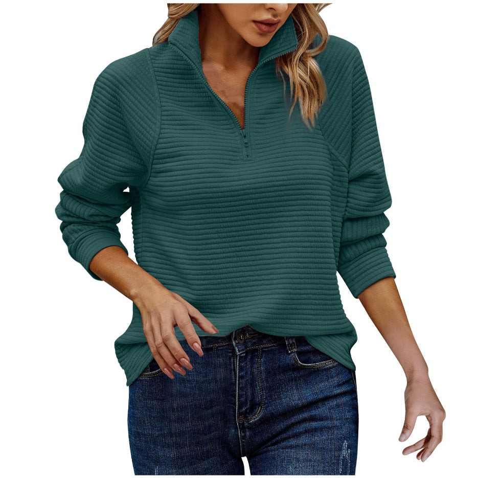 Damen Modischer Waffle-Pullover mit Stehkragen und Reißverschluss R&B