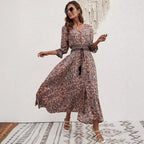 Damen Maxikleid mit abnehmbarem Taillengürtel und kunstvollem Muster R&B