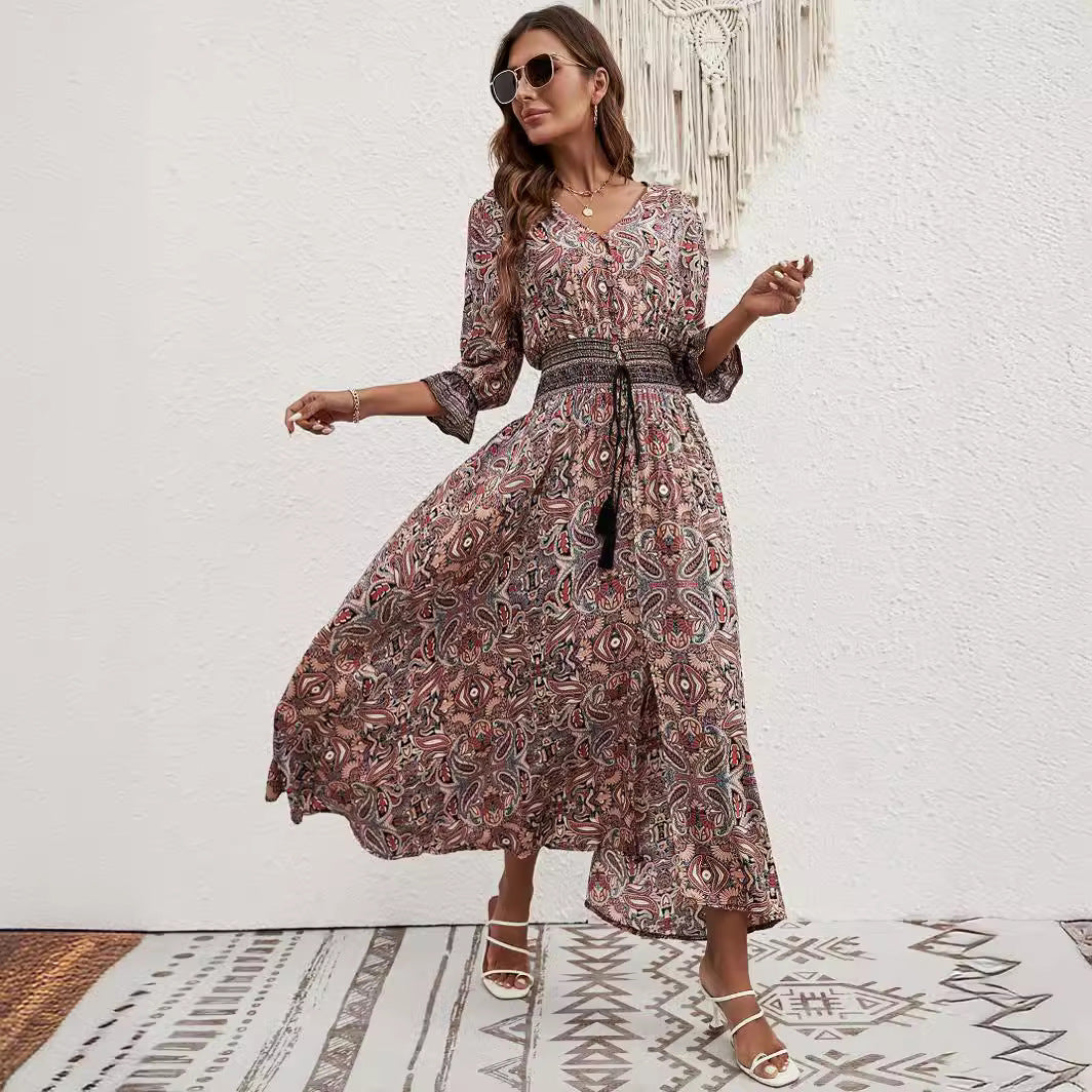 Damen Maxikleid mit abnehmbarem Taillengürtel und kunstvollem Muster R&B