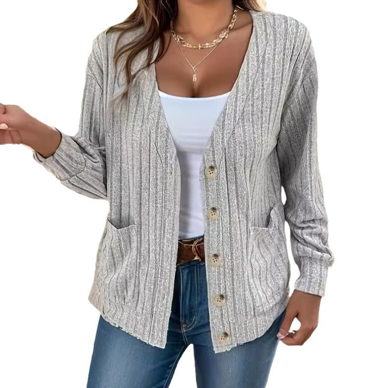 Damen Strickjacke mit Knopfleiste und seitlichen Taschen R&B