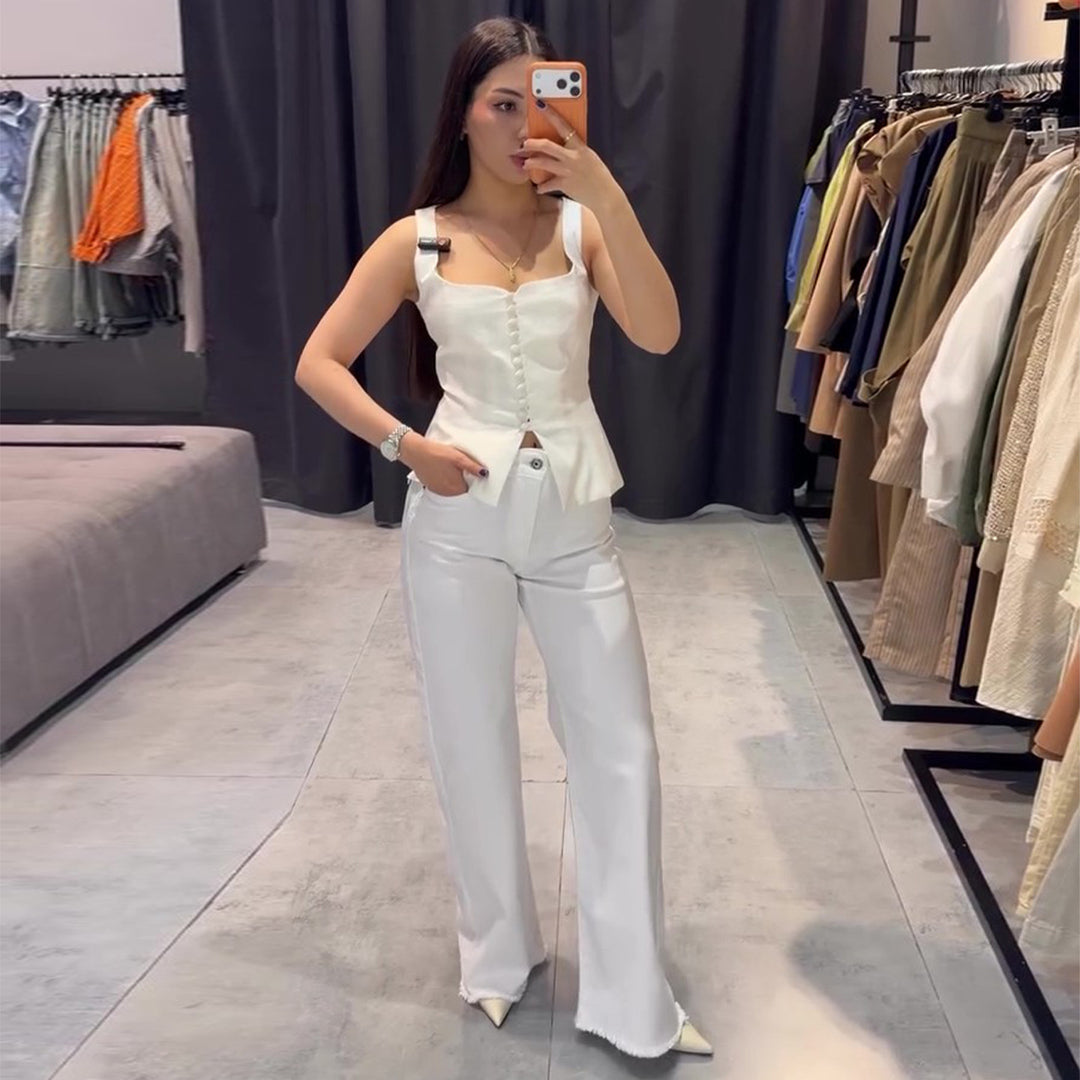 Damen Elegantes Top mit tailliertem Schnitt und dekorativen Knöpfen R&B