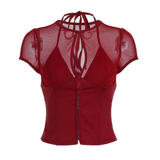 Damen Mesh-Oberteil mit dekorativem Bindeband R&B