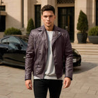 Herren Kunstleder Bikerjacke mit Steppnähten
