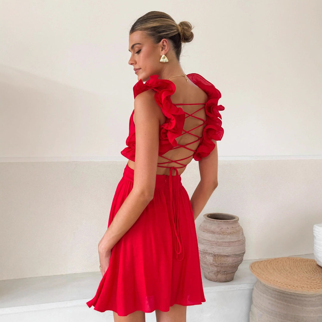 Damen Freizeitsommerkleid mit voluminösen Rüschenträgern und V-Ausschnitt R&B